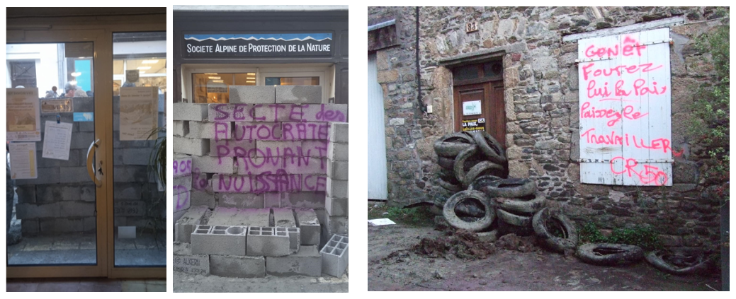 Photos de locaux dégradés. Un mur de parpaings devant la porte d'entrée de la SAPN et des pneus devant la porte de Manche Nature